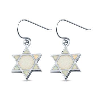 Drop Dangle Jewish Star Shape Earrings Lab Created White Opal 925 Sterling Silver(18mm)